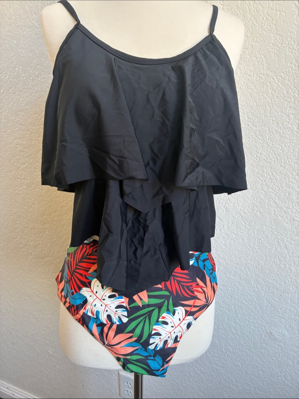 Women’s Black Flounce Tankini with Tropical Print High-Waist Bottoms